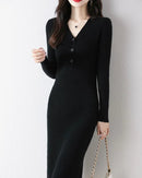 Wool V-Neck Button Mid-Length Slim Pullover Sweater Dress