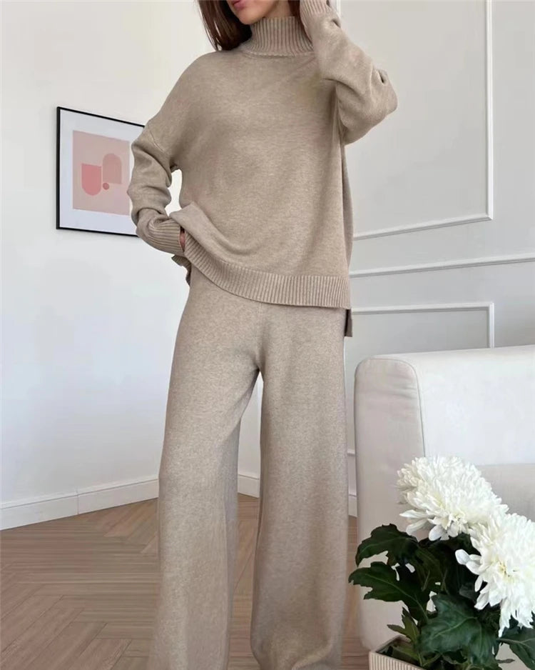 Half-Turtleneck Knit Sweater & High Waist Wide-Leg Trouser 2-Piece Set