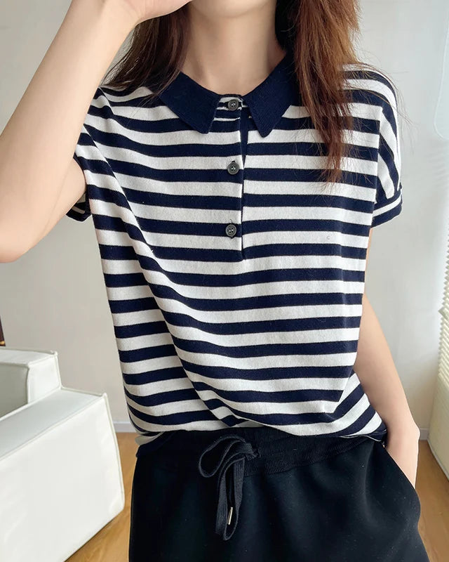 Striped Cotton Polo Collar Knit Tee
