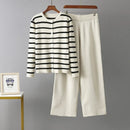 O Neck Buttons Stripe Knit Loose Sweater Sets
