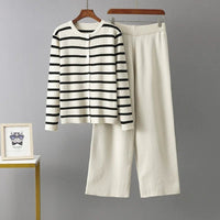 O Neck Buttons Stripe Knit Loose Sweater Sets