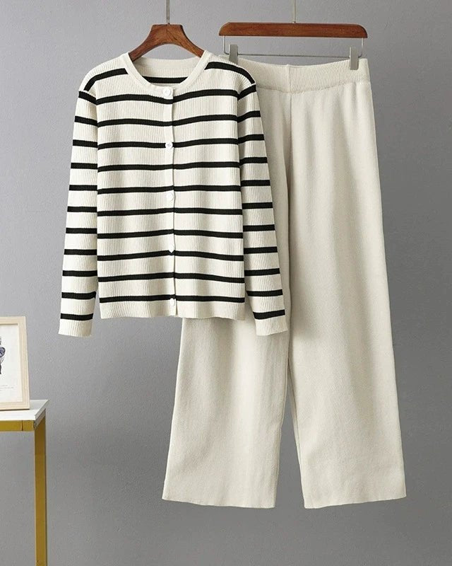 O Neck Buttons Stripe Knit Loose Sweater Sets