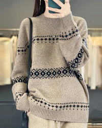 100% wool solid striped spliced round neck oversized knit pullover. Warm, heavyweight, and relaxed fit — a cosy casual winter knitwear top for women.