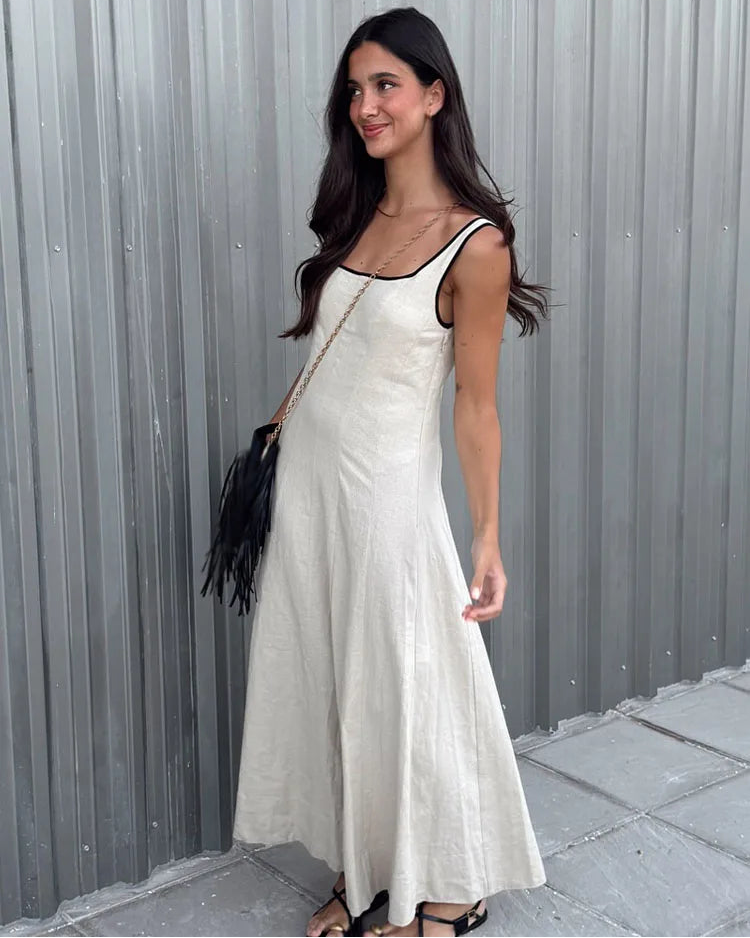 Sleeveless square neck maxi dress with backless zipper closure and slim A-line fit. Lightweight polyester — chic holiday and occasion style for spring and summer.