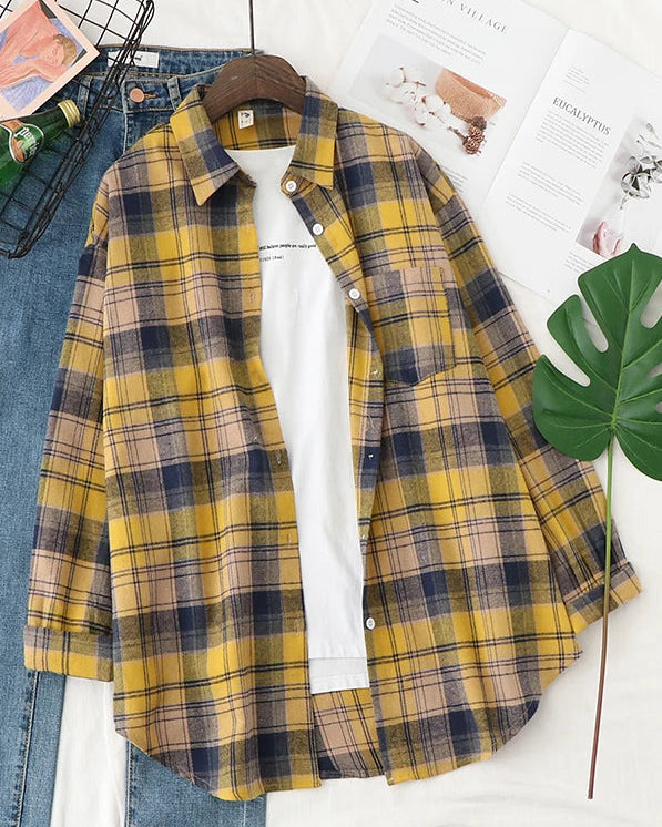 Plaid Lapel Single-Breasted Loose Shirt