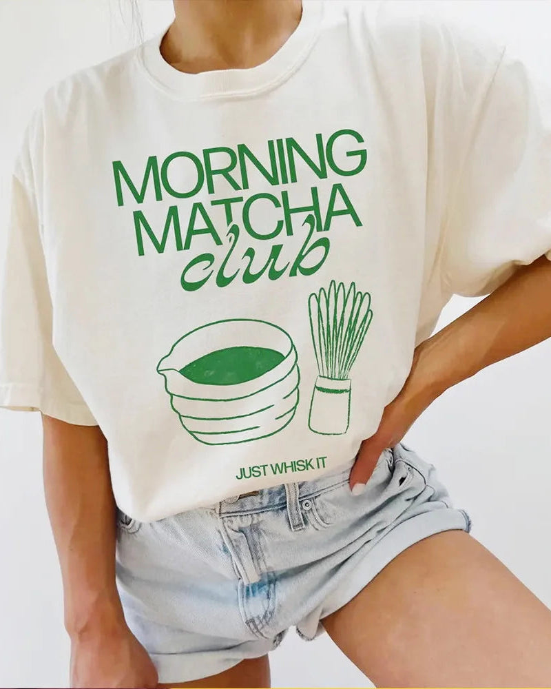 Casual Matcha Slogan Knit Crewneck Tee