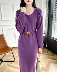 Wool V-Neck Long Sweater Dress