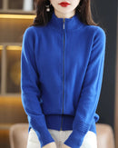 Merino Wool Solid Half-High Collar Zip Loose Knit Cardigan