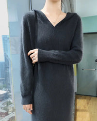 This mink cashmere hooded dress is a study in quiet luxury. The relaxed fit moves freely with the body.