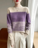 Merino Wool Round Neck Contrast Stripe Pullover Sweater