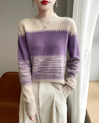 Merino Wool Round Neck Contrast Stripe Pullover Sweater