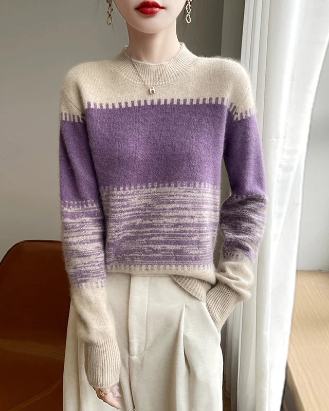 Merino Wool Round Neck Contrast Stripe Pullover Sweater
