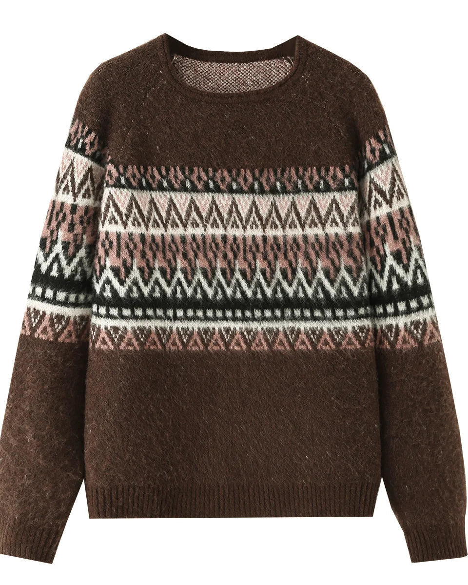 Argyle Jacquard Round Neck Oversized Knit Pullover