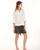 Retro Cotton Linen V-Neck Long-Sleeved Collared Shirt