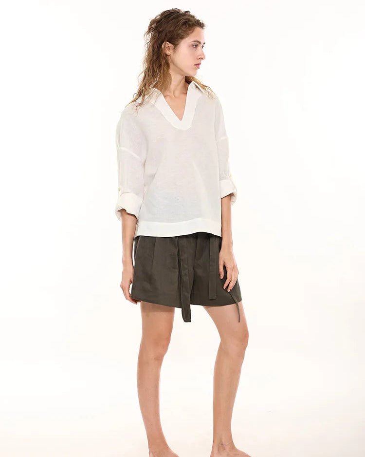 Retro Cotton Linen V-Neck Long-Sleeved Collared Shirt