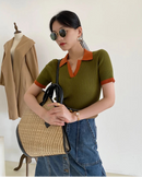 Slim Knit V-Neck Short Sleeve Top