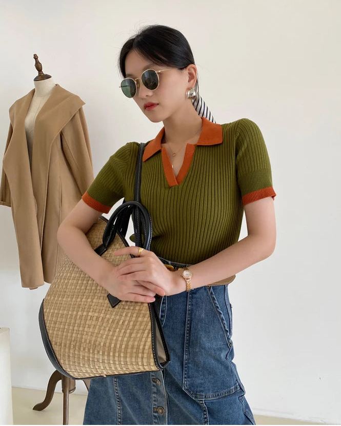 Slim Knit V-Neck Short Sleeve Top