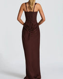 Solid Color Pleated Backless Fitted Evening Dress