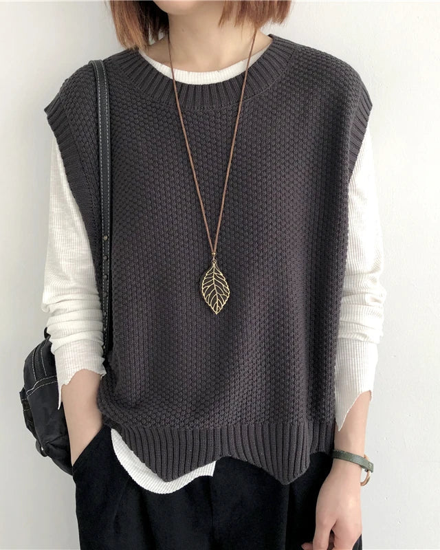 Loose-Knit Cotton Crew-Neck Vest