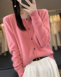 Mink Cashmere Crew Neck Loose Cardigan Sweater