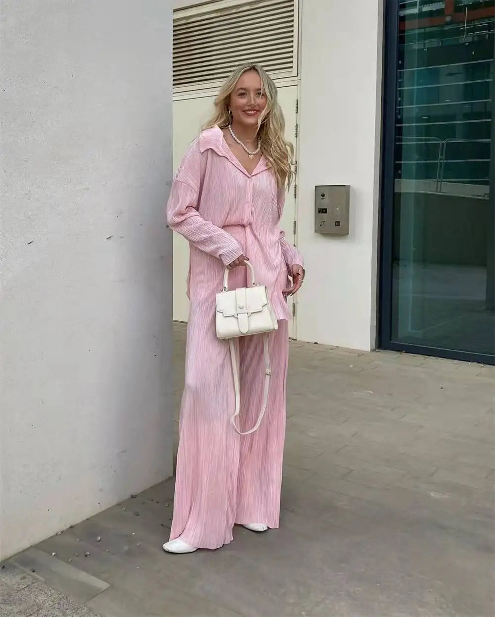 Turn-Down Collar Draped Shirt & High Waist Wide-Leg Trouser 2-Piece Set