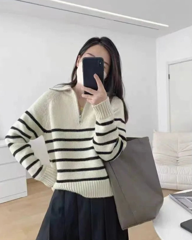 Half Zipper Striped Pure Cashmere Pullover