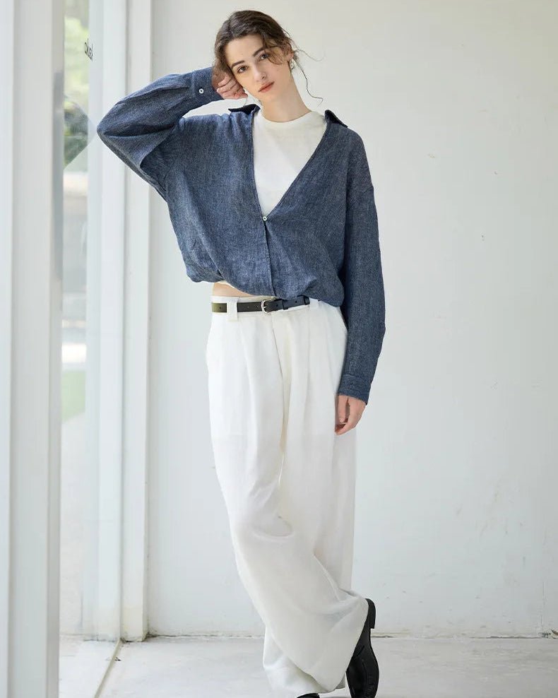 Linen Deep V-Neck Shirt Paired With A White Vest