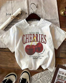 Women's cherry-print cotton T-shirt featuring a Y2K graphic, breathable fabric, and a loose fit for all-season casual wear and outdoor sports comfort.