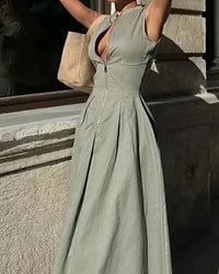 Zippered Pleated Sleeveless Fitted Dress