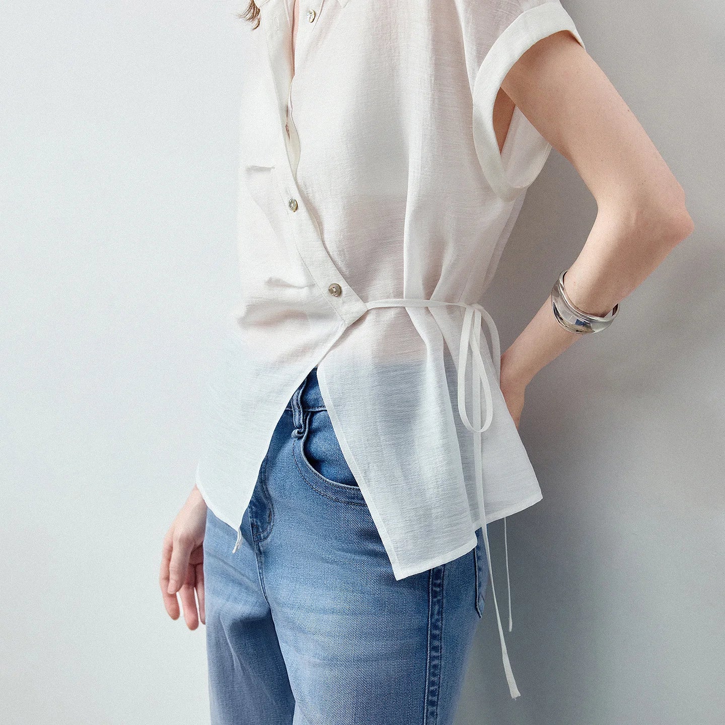 Lyocell Blend Asymmetric Waist-Cinched Shirt