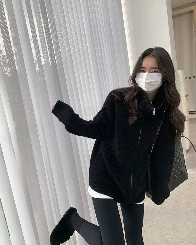Stand Collar Zipper Cashmere Knit Cardigan