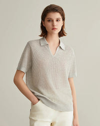 Linen Silk Polo Collar Knit Short-Sleeved Shirt