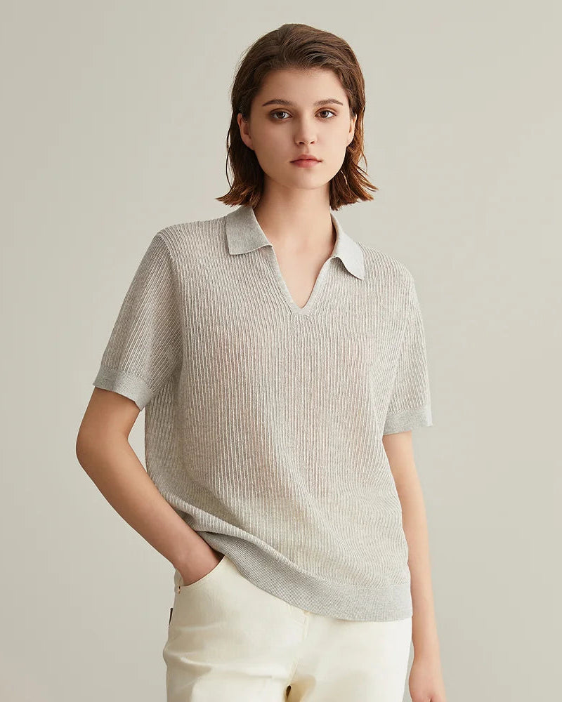 Linen Silk Polo Collar Knit Short-Sleeved Shirt
