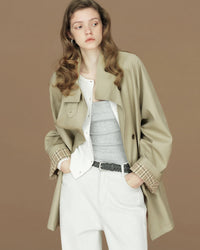Contrast-Cuff Stand-Collar Short Trench Coat