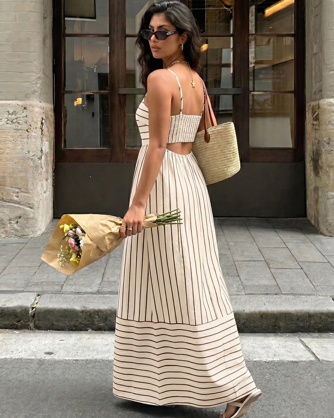 Striped Strapless Backless Loose A-Line Beach Maxi Dress