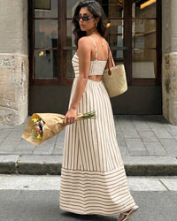 Striped Strapless Backless Loose A-Line Beach Maxi Dress