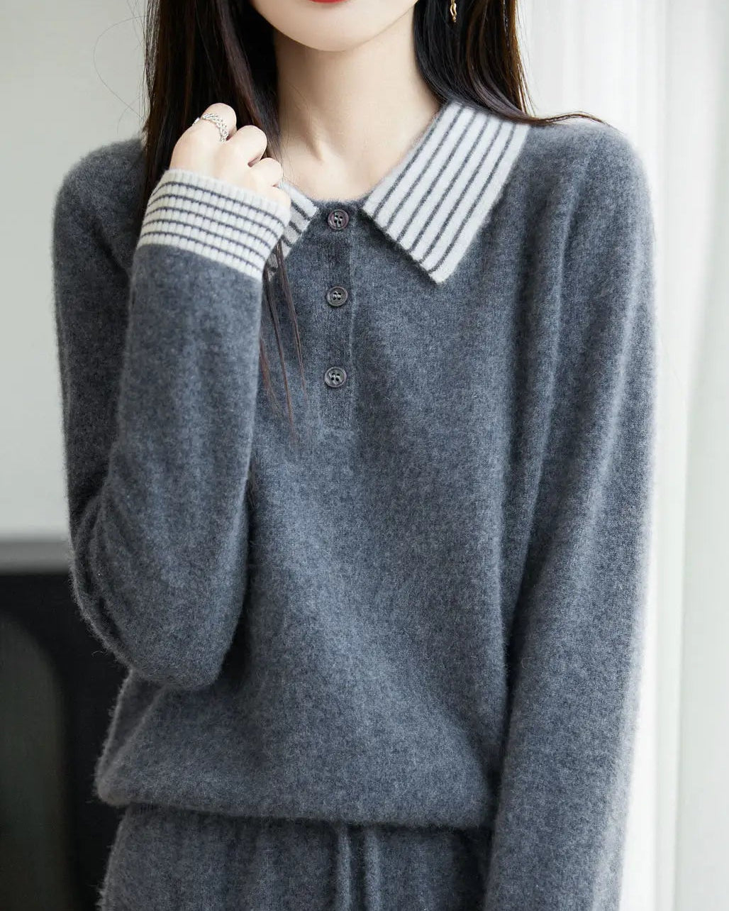 Striped-Collar Wool Polo Sweater