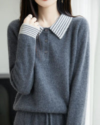 Striped-Collar Wool Polo Sweater