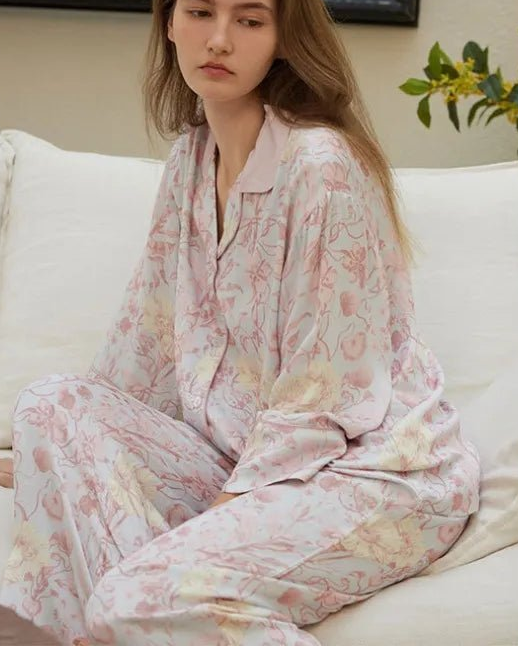 Rayon Satin Floral Print Lapel Pajamas