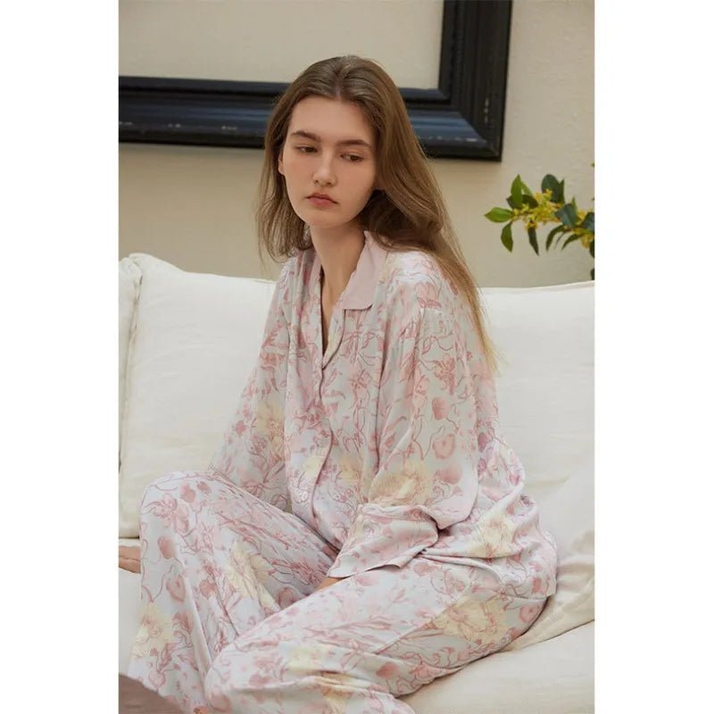 Rayon Satin Floral Print Lapel Pajamas