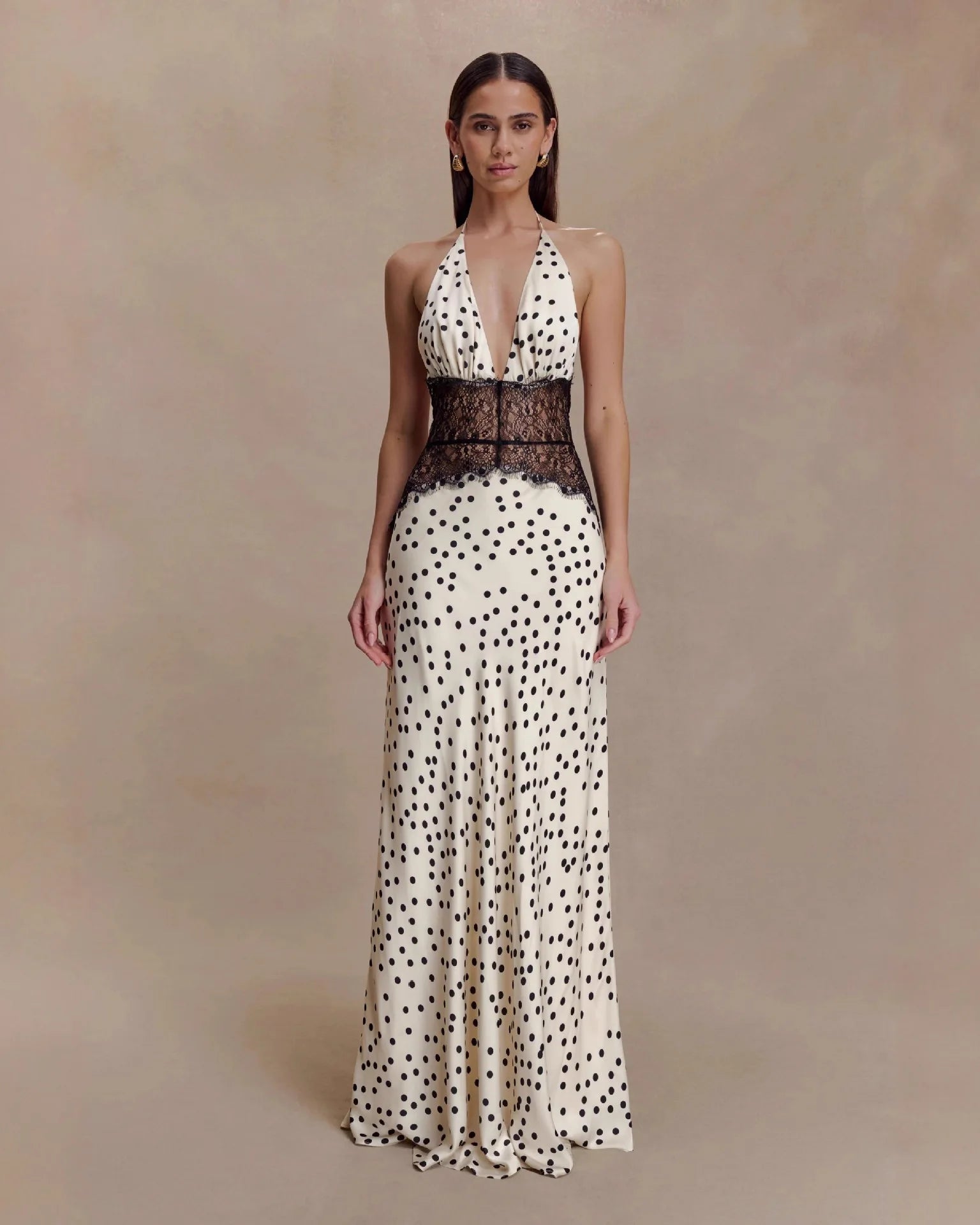 Polka Dot Lace Patchwork Halter Deep V-Neck Backless Maxi Dress