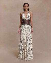 Polka Dot Lace Patchwork Halter Deep V-Neck Backless Maxi Dress