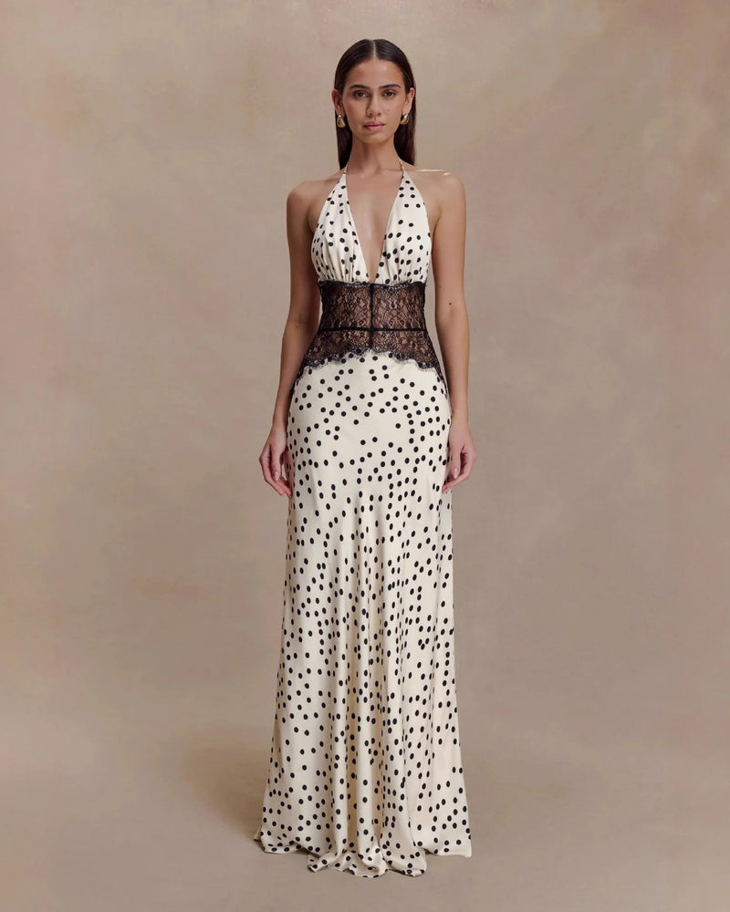 Polka Dot Lace Patchwork Halter Deep V-Neck Backless Maxi Dress