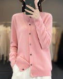 Wool O-Neck Seamless Single-Breasted Open Cardigan Sweater