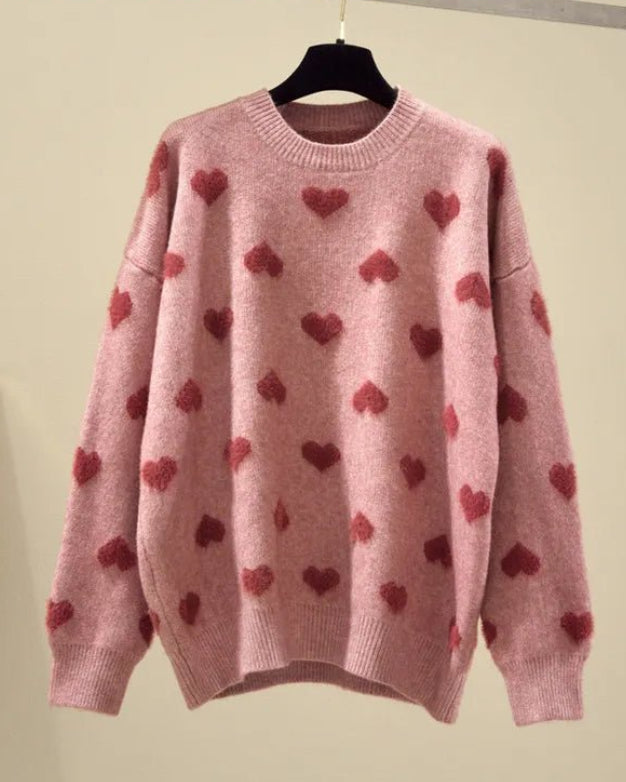 Pink Heart Winter Knitted Sweater