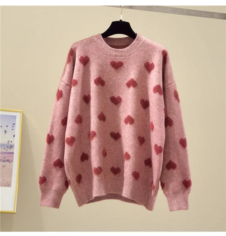 Pink Heart Winter Knitted Sweater