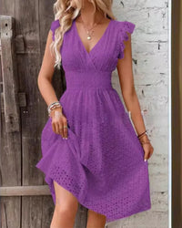 V-Neck Lace Waist Flare Sleeve A-Line Beach Dress