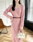 Wool V-Neck Long Sweater Dress