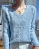 Openwork Mink Cashmere V-Neck Sweater