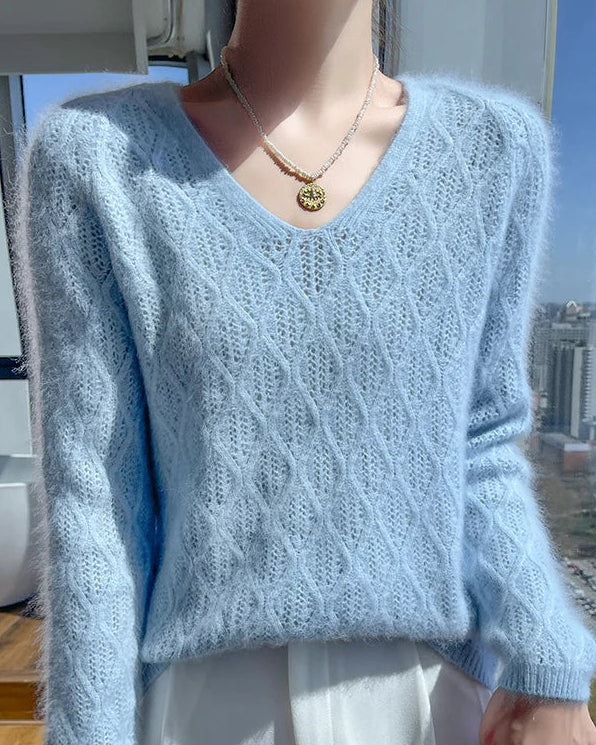 Openwork Mink Cashmere V-Neck Sweater